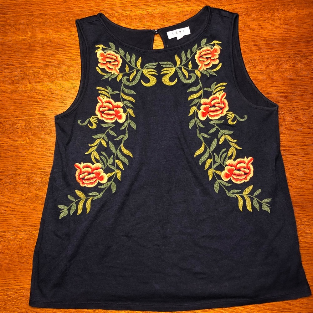THML navy sleeveless embroidered knit tank
